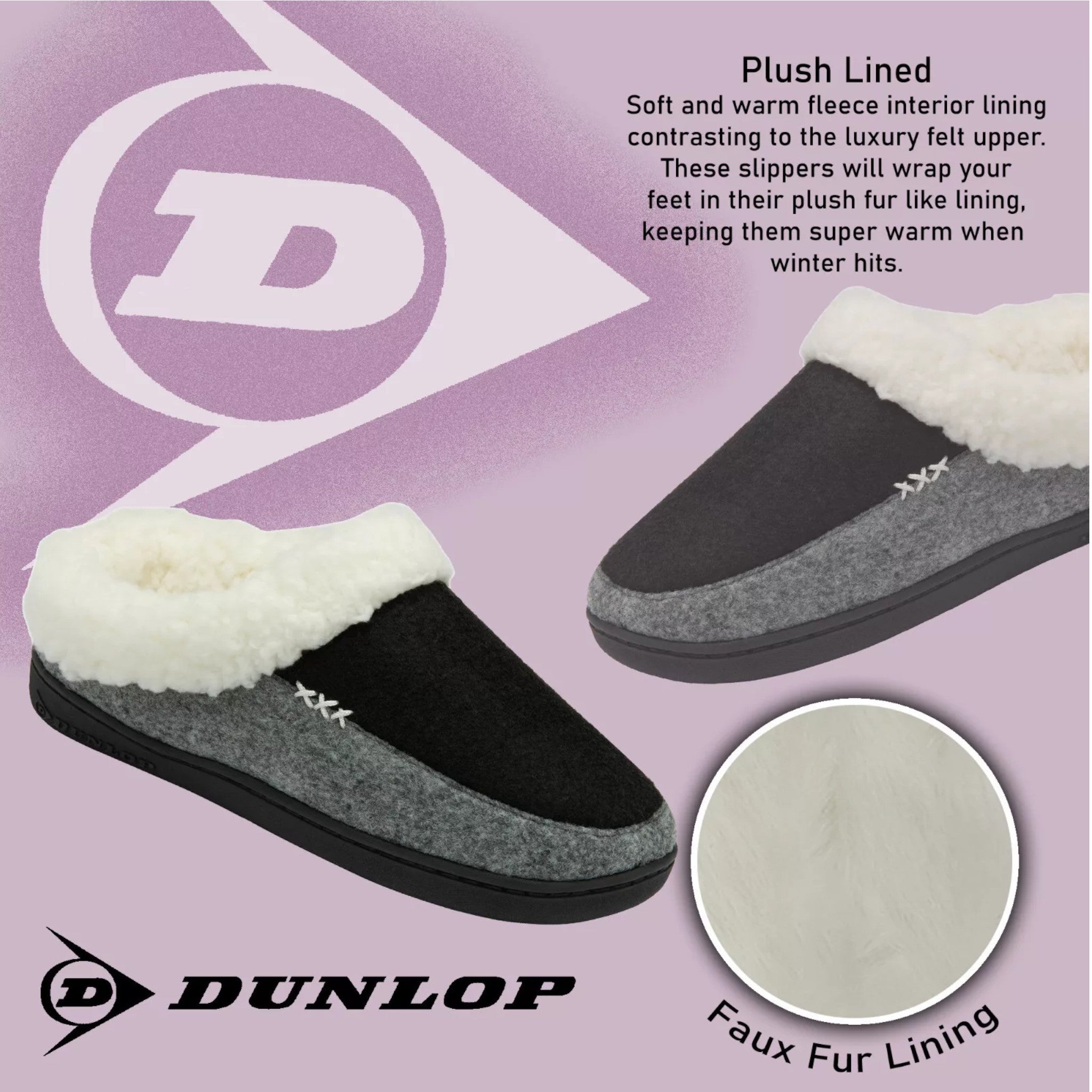 womens memory foam Warm indoor Dunlop ladies slippers with soft lining and non slip sole in black and grey